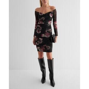 NWT Express Body Contour Mesh Floral Off The Shoulder Ruched Mini Dress Size S